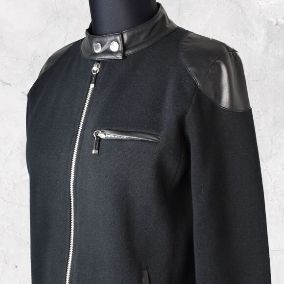 Ralph Lauren Black Moto Jacket Faux Leather Trim Zipper - Women's Size Petite M - Picture 1 of 8
